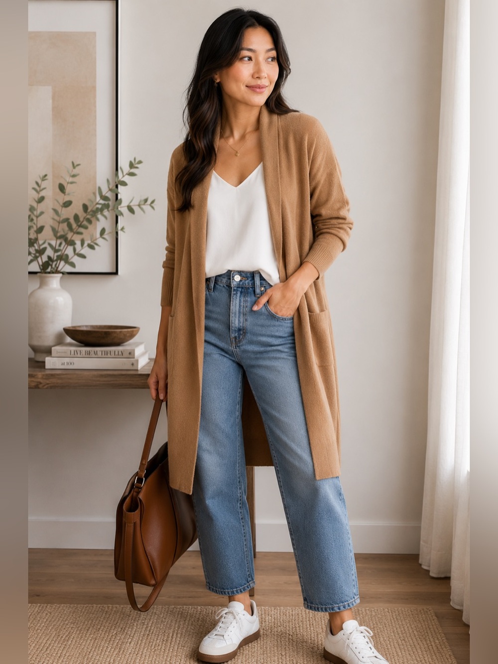 Leith Camel Caramel Tan Open Front Long Classic Sweater Cardigan Size Medium